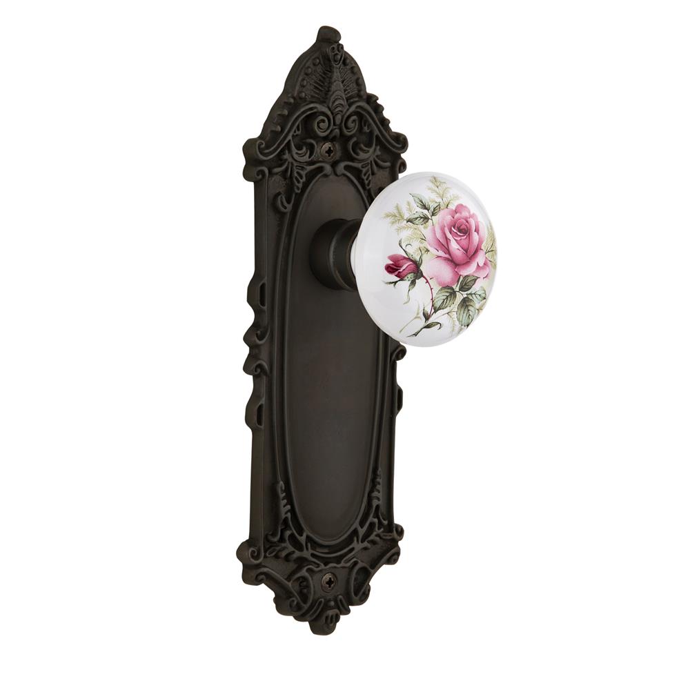 Nostalgic Warehouse VICROS Passage Knob Victorian Plate with Rose Porcelain Knob without keyhole in Oil Rubbed Bronze